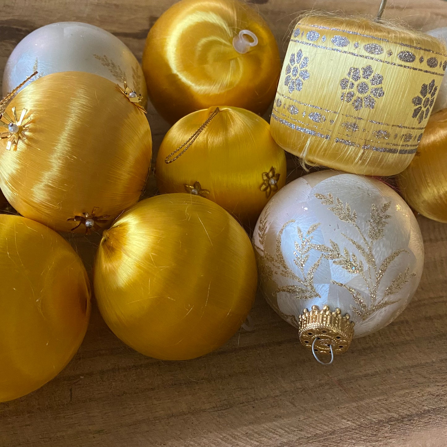 Vintage yellow/white satin ornaments